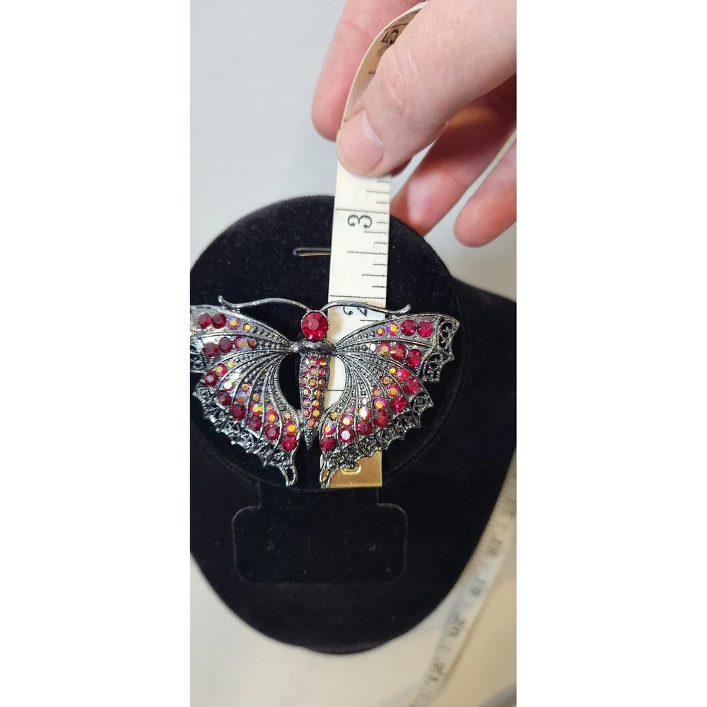 Butterfly Ruby Red Aurora Borealis Rhinestone Brooch‎ Silvertone Statement 3